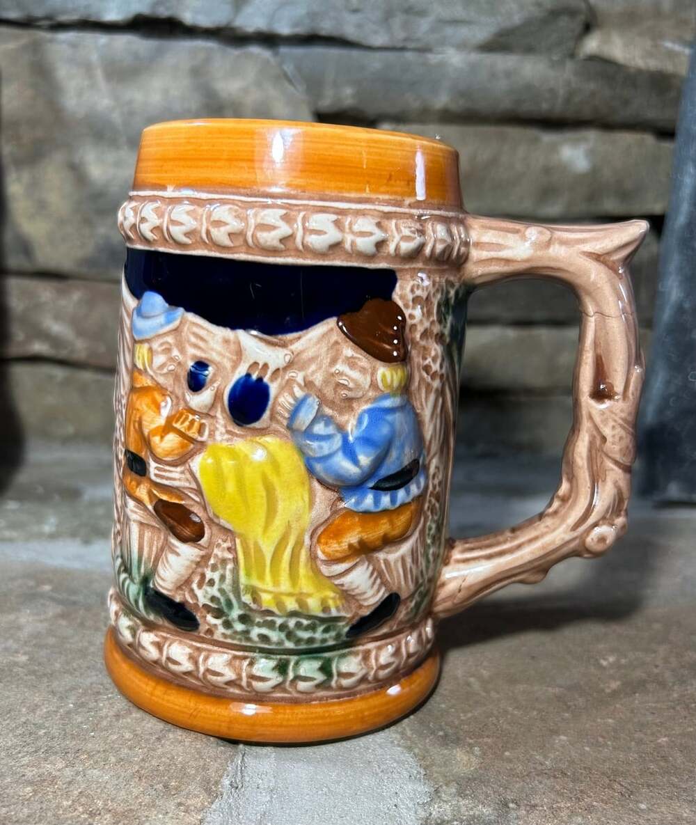 vintage Beer Mug German Style with men in Scenic Setting made in Japan